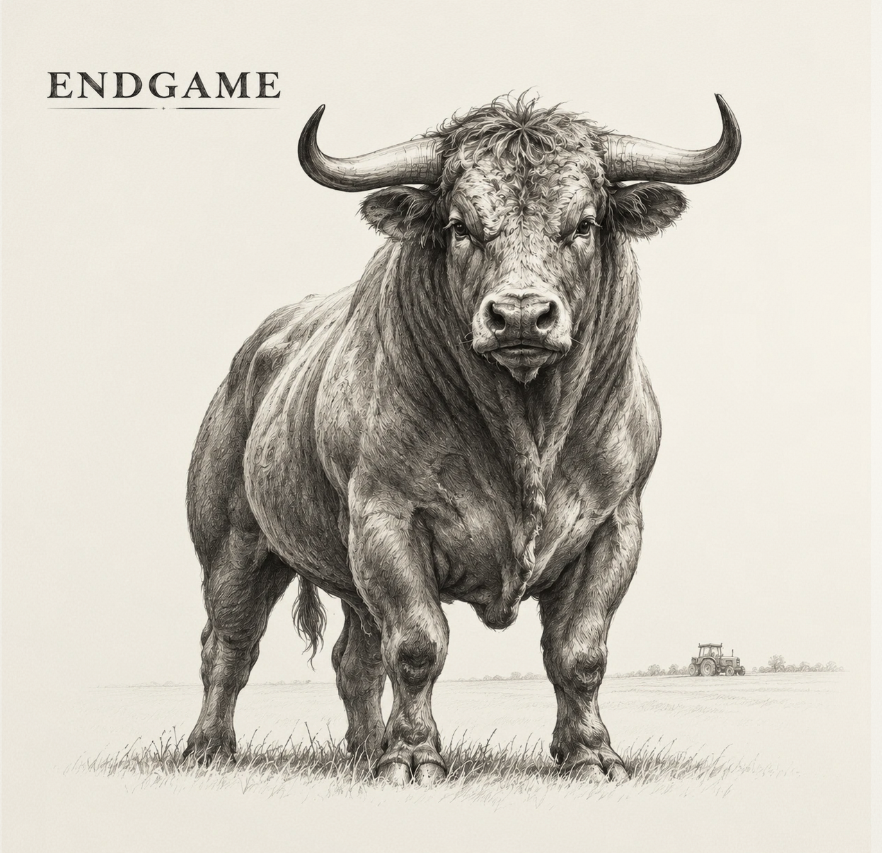 ENDGAME — an illustrated bull standing in a field